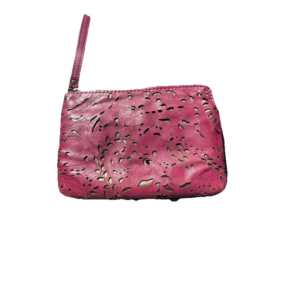 Patricia Nash Cassini Lace Laser Wristlet Pouch Red Gold Leather Italy